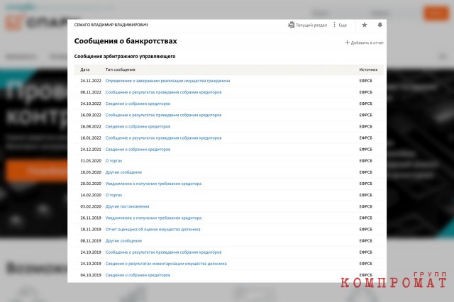 Сообщения о банкротстве Семаго