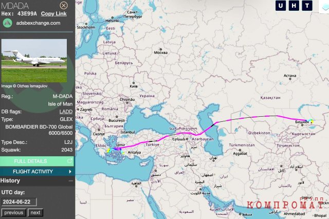 Пути Данияровы, дороги Абулгазиновы. Данные со спутника показывают, что самолет M-DADA вылетел из Греции в Казахстан 22 июня 2024 года.